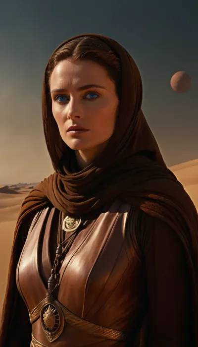a photorealistic image in the style of a cinematic trailer based on Dune, showcasing the mysterious Bene Gesserit. Visual Style, sunny, unhurried, with elements of desert like the films of David Lynch, but with an emphasis on danger.
Setting, A dune in desert of Arrakis, (((((there's one brown planet in the sky))))), . The photograph shows Jessica Atreides, (a proud woman, with the power of a Bene Gesserit), . She's standing with determination., ((She has otherworldly eyes, (blue:1.3))), ((she's wearing fremen's stillsuit, which reveals her perfect body)), .
Technical Details, Lighting – deep shadows, the face illuminated by a warm light.
Color, Dark shadows + orange accents, (as in Dune 1984), .
Atmosphere, The photograph should feel simultaneously sacred and brutal – the viewer should be simultaneously intrigued and terrified. Jessica Atreides is vulnerable and worried, but she's a charismatic countess whom gaze is hypnotic, and her gaze reflects her wisdom . The ending leaves a sense of solitude.
Key Motifs, Visual Imagery, Scenes with the Bene Gesserit from Dune, (1984), .
Lighting, Greg Frazer's work in Dune, (2021), .
High definition, 8K, HD, high quality, high detail, good lighting, beautiful, epic, masterpiece, blue, eyes, cloak, <lora:Dune1024:.3>