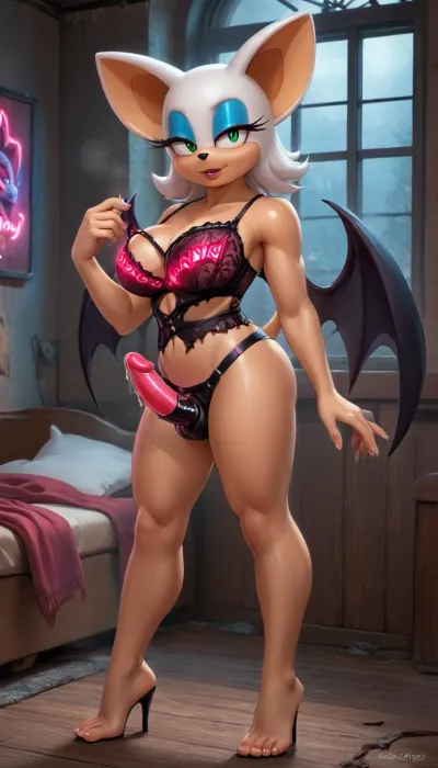 (reiq art style), (anime art style), (anime), (Furry, Rouge the Bat from Sonic the Hedgehog body:1.5), (ripped open up neon glowing lingerie:1.7), one. 1girl, solo, alone, sexy and busty body, big breasts, muscular body, defined muscles, figure, perfect breasts, perfect round ass, defined body muscles, leg muscles, defined arm muscles, beautiful horny face, horny, feeling pleasure, (bloody red dripping long strap on pegging tomboy furry:1.5), ((inside a room, neon, nighttime, dark night, by a window in the back)), (oiled body), (cum strings:1.1), (cum:1.1), (cum on body:1.1), A masterpiece of the highest quality, the work of a real master, bouncing breasts, bouncing ass, seductive, seductive eyes, steam, sweat, front full body view, <lora:hentai_anime_style_xl_v1:2>, <lora:SDXLHighDetail_v6-000005:2>, <lora:ahegao_sdxl_v4:.5>