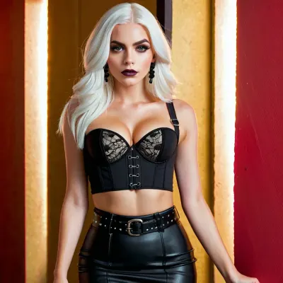 The image shows a young woman with long, straight, white hair styled with a subtle wave at the ends. She has dramatic heavy goth makeup featuring bold, heavy winged eyeliner, dark eyeshadow, defined eyebrows, and full extra long lashes. Her complexion is fair, and she has an annoyed expression.
Her outfit consists of a black lace and mesh corset-style crop top with structured cups revealing her big cleavage. The top features intricate lace patterns and subtle shiny accents, giving it a glamorous, edgy vibe. She pairs this with high-waisted black skirt, secured by a wide black belt with silver grommets and spikes and a large, rounded silver buckle. A small decorative silver chain hangs from the belt, adding an additional stylish detail.
She accessorizes with large hoop earrings and holds a smartphone in her hand with a colorful, comic-inspired phone case featuring bold designs and bright colors like red, yellow, green, and blue on a black background. The setting is a bathroom with beige and brown tiled walls. The picture shows the whole body. Fujifilm XT3, analog style, professional DSLR photograph, natural lighting, masterpiece, highest quality, RAW image, gothic, emo, heavy make-up