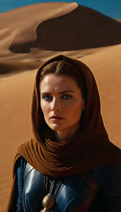 a photorealistic image in the style of a cinematic trailer based on Dune, showcasing the mysterious Bene Gesserit. Visual Style, sunny, unhurried, with elements of desert like the films of David Lynch, but with an emphasis on danger.
Setting, A dune in desert of Arrakis, (((((there's one brown planet in the sky))))), . The photograph shows Jessica Atreides, (a proud woman, with the power of a Bene Gesserit), . She's standing with determination., ((She has otherworldly eyes, (blue:1.3))), ((she's wearing fremen's stillsuit, which reveals her perfect body)), .
Technical Details, Lighting – deep shadows, the face illuminated by a warm light.
Color, Dark shadows + orange accents, (as in Dune 1984), .
Atmosphere, The photograph should feel simultaneously sacred and brutal – the viewer should be simultaneously intrigued and terrified. Jessica Atreides is vulnerable and worried, but she's a charismatic countess whom gaze is hypnotic, and her gaze reflects her wisdom . The ending leaves a sense of solitude.
Key Motifs, Visual Imagery, Scenes with the Bene Gesserit from Dune, (1984), .
Lighting, Greg Frazer's work in Dune, (2021), .
High definition, 8K, HD, high quality, high detail, good lighting, beautiful, epic, masterpiece, blue, eyes, cloak, <lora:Dune1024:.3>