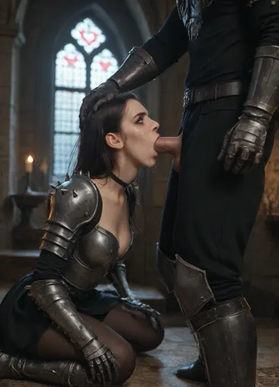 beautiful sexy 3000 years old woman, vampire, bright red eyes, hollow cheeks, sharp jawline, black hair, long straight hair, white skin, pale skin, skinny, rounded boobs, (2 cup size), rounded ass, long legs, 6.1ft tall, seductive, evil, powerful, evil dark armor, (armor is black color and have bloodied spikes on shoulders and is paired with short revealing black skirt), long black steel boots with greaves, dark steel gauntlets, choker, Black Opaque Pantyhose, blowjob, pain, crying, choking, pleasure, indoors, gothic castle, dark lighting, very very low brightness, almost no light source in castle