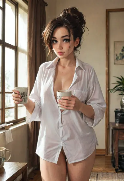 A 22yo girlfriend with a girl-next-door appearance standing in a living room drinking a cup of coffee, wearing an open men's button-up shirt, oversized shirt, no underwear, bay window, morning sunlight shining through, hair up in a messy bun, no make-up, ((Melkor mancin meet markgavatino style)), reiq style, ratatatat74, SamDoesArts, <lora:LCMTurboMix_Euler_A_fix:1.1>, <lora:ratatatat74-000050:1.8>, <lora:mk_Bp Anime_xl:1.2>, <lora:焦茶_XL:2>, <lora:SDXLSamDoesArts:1.6>