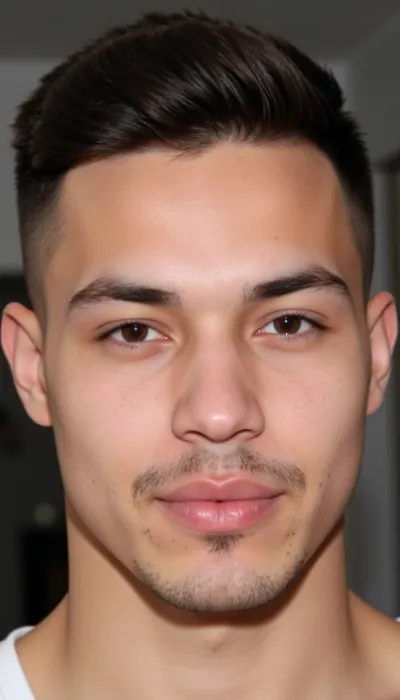 Young athletic Latino man in his early 20s, oval face, tan skin, serious neutral expression, brown eyes, thick dark eyebrows, straight nose, full lips, light stubble. Very short buzz cut with high fade, sides and back faded to skin, top cropped short with subtle forward texture, neat and fresh fade haircut. confident masculine look. Proportional head size, Yasin, <lora:Yasin:.8>