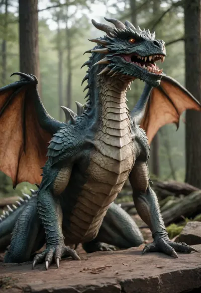 (photorealistic:1.3), (iphone photo:1.2), Full body shot 1 ocident dragon, fangs, Monster dragon, armor, (natural skin texture:1.2), Forest, ruins, natural light, (candid shot:1.2), high quality, 8k, sharp focus.