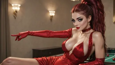 ((Queen of clubs)), perfect face, Her smile is warm and inviting, her eyes sparkling with joy, (((size four large breasts))), cleavage, thick lips in red lipstick, (long big thick black eyelashes), (mascara for long lashes:1.3), (intense black eyeliner:1.3), (black intense eyeshadow colours), big blue open eyes, white eyeballs, eyes wide open, pointed nose, (((red big ponytail hair))), bangs, (slim waist), red long dress stretched by her chest, red long lacey gloves, garter on leg, athletic, dynamic pose, side view, sitting on the Terrace in the The Bolshoi Theatre, <lora:uberfit_lora_sdxl:.8>