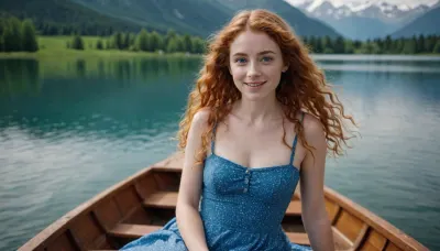 Women irish 45 years old curly light red very long hair small tits wearing a blue summer dress. Blue big eyes. Angular face. No makeup. White skin tone with freckles. Lays in a boat on a lake. Big smile. In the background the alps.