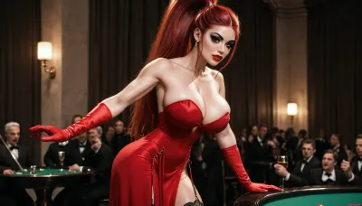 ((Queen of clubs)), perfect face, her eyes sparkling with joy, (massive perfect breasts:1.3), cleavage, thick lips in red lipstick, (long big thick black eyelashes), (mascara for long lashes:1.3), (intense black eyeliner:1.3), (black intense eyeshadow colours), big blue open eyes, white eyeballs, eyes wide open, pointed nose, (((red big ponytail hair))), bangs, (slim waist), red long dress stretched by her chest, red long lacey gloves, garter on leg, athletic, dynamic pose, side view, at the evening Prom, <lora:uberfit_lora_sdxl:.8>