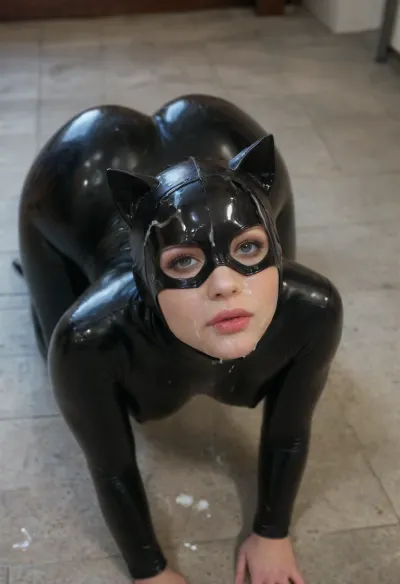 Sexy tan woman with big ass, shes in a the downward facing yoga position. Ass high in the air, head towards the floor, chin on the floor, Shes wearing a skin tight latex cat suit with full face latex mask and cat ears, her hair is not visible cause the full head mask, Her back is covered in globs of thick cum, cum covers her latex mask, View from the floor, close up of face, bukkake, woman, cum, on, face, <lora:MS_Real_XL_Bukkake:2>, <lora:JustCum:2>