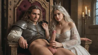 (Man seated in the throne, beautyful face man, strong muscle man, big haired dick, silver crown), (one woman, peasant, beautyful face woman, medium breast), medieval castle, dark ambient, candle light, medieval, medium breast, HANDJOB