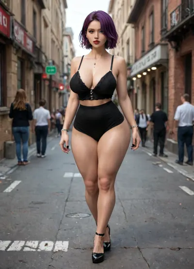 tall slim thick mature 69 year old goth woman, extra wide hips, huge wide ass, thick thighs, muscular calves, big fake bimbo tits, long purple hair, full body image