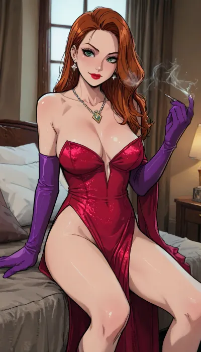 masterpiece, best quality, ultra detailed, photorealistic 8K UHD, cinematic soft lighting, glamorous noir atmosphere, Jessica Rabbit from Who Framed Roger Rabbit, voluptuous hourglass figure, long flowing fiery red hair cascading down back, sparkling emerald green eyes half-lidded seductive gaze, full red lips parted in sultry smile, pale flawless skin, beauty mark on cheek, wearing sparkling red sequined slit dress partially unzipped low cleavage exposing deep valley, long purple opera gloves, high heels, no panties visible tease, seductive pose on velvet chaise lounge in Ink & Paint Club backstage, legs crossed teasingly, one hand trailing down thigh, other hand holding cigarette holder exhaling smoke sensually, breasts heaving slightly, erect nipples pressing against fabric, intimate bedroom scene with Roger Rabbit nearby or implied, playful loving mood, hyper-realistic skin texture pores subtle sheen sweat glistening, detailed anatomy curves, sparkling jewelry earrings necklace, provocative glamorous toon pinup vibe, moonlit window shadows, detailed background velvet curtains stage lights, ((Melkor Mancin + Mark Gavatino style fusion)), reiq style, ratatatat74, SamDoesArts

Melkor Mancin + Mark Gavatino style fusion, SamDoesArts, <lora:LCMTurboMix_Euler_A_fix:1.1>, <lora:ratatatat74-000050:1.8>, <lora:mk_Bp Anime_xl:1.2>, <lora:焦茶_XL:2>, <lora:SDXLSamDoesArts:1.6>