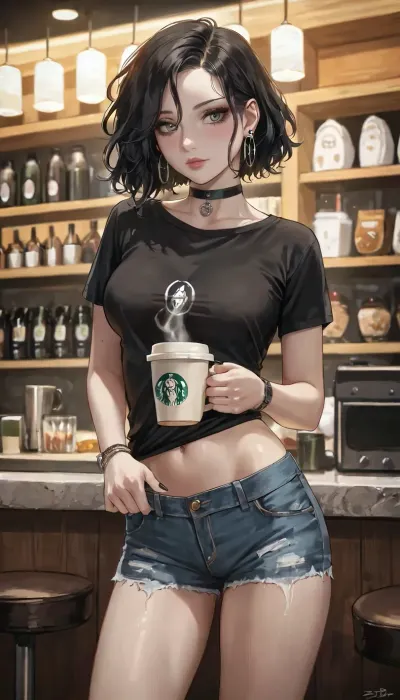 best quality, clean art, 25 year old goth woman with short black hair, slim build, 36D breasts, black choker, black t-shirt and jean shorts, coffee shop