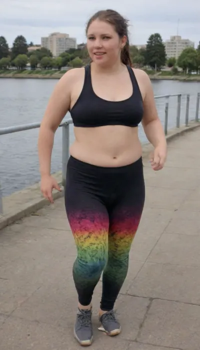 Fat rolls, Downtown Oakland, Jogging, bubble butt, honeycombed yoga pants, sweating, BBW, huge ass, fat thighs, Looking away from camera, not looking at cameraman, sexy fat girl, athletic tank top, neon and black tie-dye yoga pants, creepshot, candid photo, stalker photo, jogging Lake Merritt, Detailed, natural, skin, and, blemishes, without-makeup, acne, <lora:skin_4-000015:.8>, <lora:definitivesarah:.8>, <lora:Sweaty_Realism_4-000006:.8>, stretch, marks, <lora:stretch_marks:.8>, fat，, chubby，, <lora:chubbyladyXL2.0:.8>
