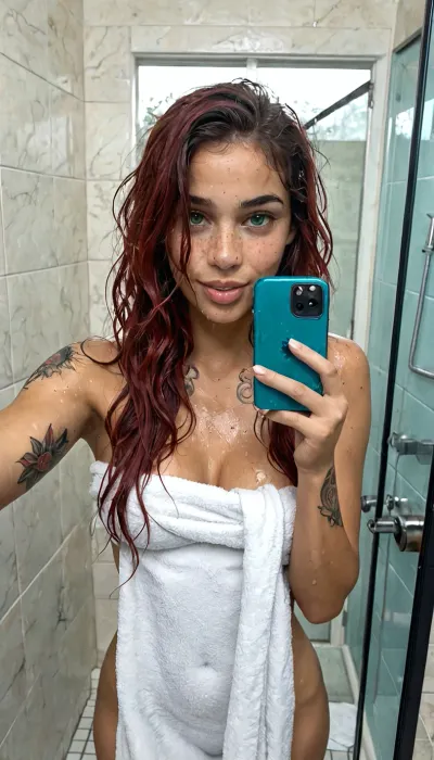 (photo realistic), (hyper realistic), (masterpiece), (high resolution), (Latina), (late 30s), (tattoos), (slender with curves), (narrow face), (green eyes), (freckles around nose), (excessively long red hair), (natural medium breasts), sticking tongue out playfully, cute expression, marble tile bathroom, mirror selfie with phone, ((wet hair)), ((wrapped in a towel after shower))