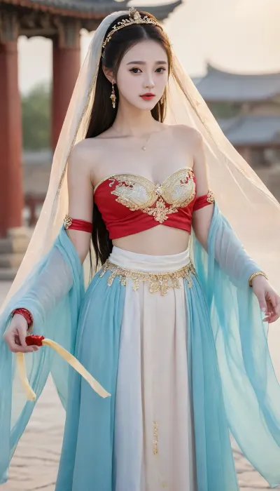 1girl, immortal, very beautiful face, fertile goddess, big breasts, china goddess, dunhuang hanfu, (traditional hanfu), sleeveless strapless off shoulder Cropped top, Beautiful goddess adorned with jewelry, veil, (mouth veil), (ribbon), detached sleeves, bare shoulder, clavicle, midriff, navel, loincloth, see through clothes, chain, revealing clothes, floral print, Chinese classical hairdos, Chinese classical hair ornaments, very long hair, straight hair, jewelry, earing, ., abstract background, sky, cloud, energy, thunder, colorful, wave, fire, night, red moon, blood, ancient chinese background, ray tracing, light, ultra realistic, extremely detailed CG unity 8k wallpaper, vibrant colors, china, goddess, saint, wearing, cleric, robes, girl, <lora:sdxl_chinagoddess:1.5>, <lora:Saint XL:.8>, <lora:ClearHand-V2:.8>, <lora:zyd232_Chinese_Girl_SDXL_v3_0:.8>, <lora:CoraXL:.8>
