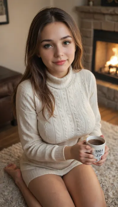 A cute sexy woman wearing a white thick turtleneck sweater and, Beige chinos, big breasts, holding a mug in her hand, the edge of the mug near her chin, looking up, smiling shyly, with medium-long hair and brown hair, A room with a fireplace on a snowy day, A slightly elevated view, a Labrador sleeping at heq feet