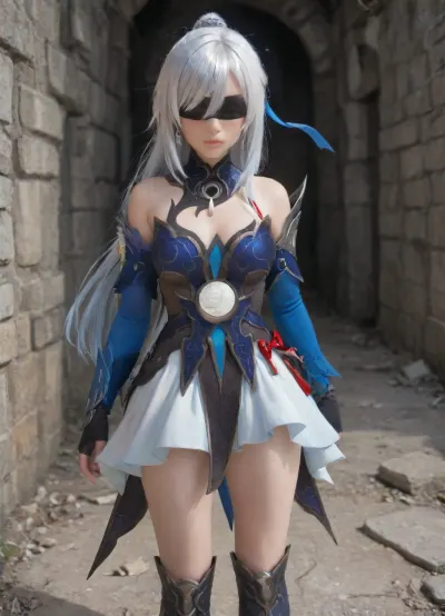 ultra-detailed, (best quality), ((masterpiece)), (highres), original, extremely, ruins, solo, long hair, closed mouth, simple background, earrings, jewelry, bare shoulders, white hair, hair between eyes, armor, grey hair, hair ornament, looking at viewer, mask, jgsd, blindfold, (marking), armored, tassels, ribbon, jingliu, a, girl, named, high, detached, sleeves, skirt, jinliu, default, clothes, silver, hair, blue, and, white, chinese, dress, 1girl, red, eyes, long, boots, black, gloves, bangs, bare, shoulders, ponytail, footwear, Blindfold, with, crescent, marking, eyepatch, covered, <lora:jingliux_xl:1>, <lora:JingliuXLHS:.8>, <lora:镜流pony:.8>, <lora:jingliu-a3-Tanger-000014:.8>, <lora:jingliu-atw2-Tanger:.8>