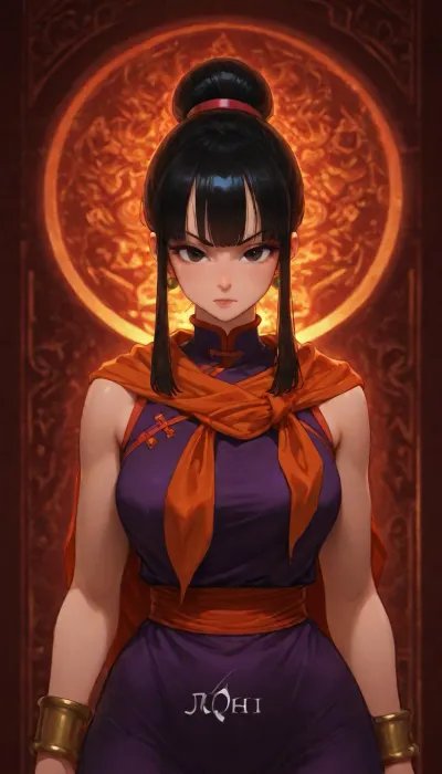 Woman, adult anime character from Dragon Ball Z, Chi-Chi, black hair, bun, bangs, side strands, eyes, Chinese, clothes, purple dress, earrings, red, bracelets, orange, scarf around her neck, <lora:Chi_Chi_Diffusion_SD_XL-05:1.7>
