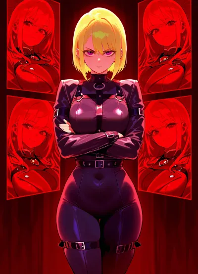 Stylish anime version of Clover posing inside a high-tech spy gadget room, wearing fashionable purple and black outfit, surrounded by holographic screens displaying mission data, sleek blonde hair styled perfectly, striking confident pose, <lora:hentai_anime_style_xl_v1:.8>, Latexstraitjacket, <lora:Latexstraitjacket_XL_0_:.8>