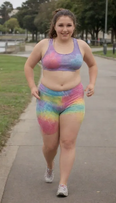 Running shoes, Chubby girl, fat girl running, drenched in sweat, SSBBW, Fat rolls, Downtown Oakland, Jogging, bubble butt, honeycombed yoga pants, sweating, BBW, huge ass, fat thighs, Looking away from camera, not looking at cameraman, sexy fat girl, jogging tank top, neon tie-dye yoga pants, creepshot, candid photo, stalker photo, jogging Lake Merritt, Detailed, natural, skin, and, blemishes, without-makeup, acne, stretch, marks, fat，, chubby，, <lora:skin_4-000015:.8>, <lora:definitivesarah:2>, <lora:Sweaty_Realism_4-000006:.8>, <lora:stretch_marks:2>, <lora:chubbyladyXL2.0:2>