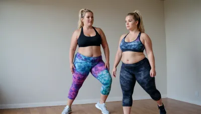 Fat, BBW, black yoga pants with tie dye pattern and matching sports bra, matching running shoes, jogging, sweaty, bleach blonde, high ponytail, sweating, muffin top, fat butt, running.