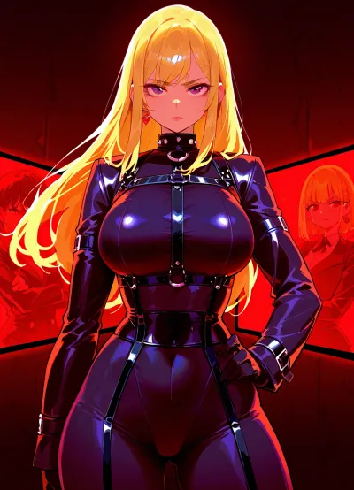 Stylish anime version of Clover posing inside a high-tech spy gadget room, wearing fashionable purple and black outfit, surrounded by holographic screens displaying mission data, sleek blonde hair styled perfectly, striking confident pose, <lora:hentai_anime_style_xl_v1:.8>, Latexstraitjacket, <lora:Latexstraitjacket_XL_0_:.8>