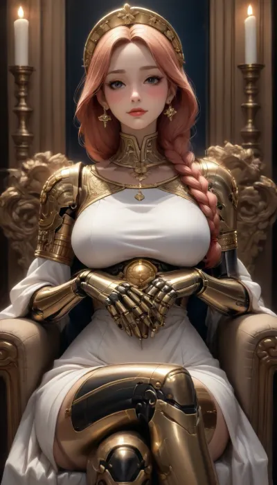 ai_generated anime_style, score_9, score_8_up, score_7_up, beautiful athletic robotic queen woman drawn in anime style, reiq style, long white braided hair, (blushing horny haughty face:1.6), earrings, ((black gold robotic body:1.6)), (white imperial toga dress:1.4), (gold coronet:1.8), narrow waist, wide hips, perfect large bubble ass, perfect large breasts, sitting on a throne, crossed legs, ((motion lines:1.6)), warm soft lights, perfect fingers, style anime, inspired illustration