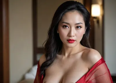 Soft red lips, captivating almond-shaped eyes, mature Asian concubine, wrapped in silk cloth, long hair, looking over her shoulder, leaning forward, bare shoulder, curvy body, romantic atmosphere. Flirtatious.