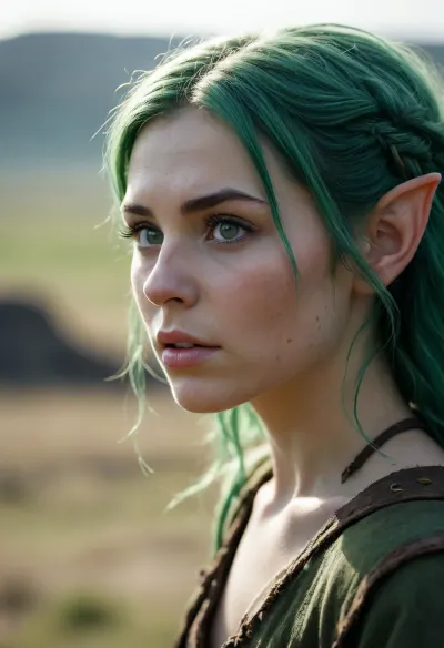 Silhouette in the distance of a beautiful 21year old green-haired elf on the battlefield Who looks at the viewer SamDoesArt2, frightened, facial expression, open, mouth, clenched, teeth, druidic, <lora:MHXL_DruidicNaturalism_v1:.5>, <lora:Midjourney Image Enhancer XL v1:.6>