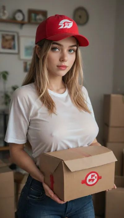 Delivery girl, heavy box, cap, long hair, Busty, translucent