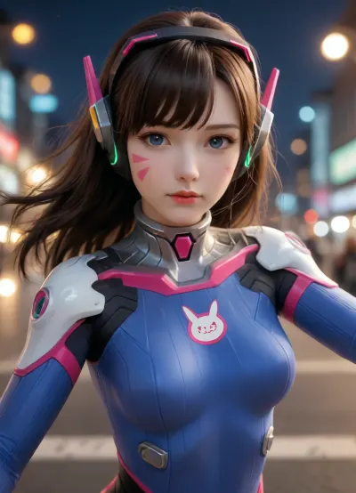D.Va, Overwatch, high-tech. She's rocking a blue and white bodysuit with pink accents, sporting a headset and very long brown hair. The background's cyberpunk future world, night, city. The art style is vibrant and anime-inspired, with a slick, polished finish, cinematic film still Cinematic scene, hero view, action pose, detailed background, masterpiece, best quality, high quality, highres, absurdres, Guild Wars 2 . shallow depth of field, vignette, highly detailed, high budget Hollywood movie, bokeh, cinemascope, moody, epic, gorgeous, film grain, grainy, <lora:DiVa-SDXL:.5>, <lora:d.va_xl_v1:1>, <lora:ClearHand-V2:.8>, <lora:attractive_notrigger:.8>, <lora:add-detail-xl:.8>