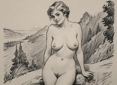pencil sketch, monochrome, scenic view, framed in the style of 1920s picture postcard, asymmetric composition, posing in the foreground a plump voluptuous naked 30yo MILF, hairy pussy, shy smile, french braid, full body view, completely unclothed, medium-sized breasts, soft natural breasts, teardrop-shaped breasts, pencil, <lora:sketch_it:.8>, <lora:Pencil_Sketch-06R:.8>, drawix6, dwx6, <lora:drawix6:.8>, no pubes, lineart, caricature, <lora:pen-art:.8>