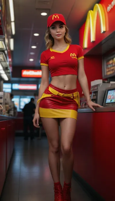 (In a futuristic McDonald’s drive-thru:1.4), (a 25 years old female employee bents forward behind the counter:1.3), (detailed rendered face:1.3), (viewed from below in a full-body perspective:1.3), (white G-String:1.4), (she wears a red McDonald’s cap and a maximum slutty and futuristic yellow and red McDonald’s uniform made of leather:1.3), incorporating the iconic red and yellow colors, with a modern, sexy twist, (her form-fitting mini skirt tied around her hips like a loincloth:1.2), elegant high heels, and net stockings, her crop top is belly-free, showcasing her midriff, and she wears the classic McDonald’s cap, the background shows a bustling, neon-lit futuristic city with flying cars visible through large windows, the scene is slightly blurred in the background, emphasizing the employee, she hands over burgers with a confident, futuristic grace, the ambiance is vibrant with neon signs and the futuristic atmosphere, and the entire scene is rendered in high detail, focusing on her flawless appearance, perfect skin, and intricate clothing details, (maximum detail:1.5), (UHD 8K quality:1.5), (maximum detail), (super realistic photo:1.4), the entire scene is rendered in high detail, <lora:photorealistic_portrait_notrigger:.8>