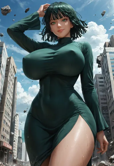 1girl, (massive breasts:1.2), large_breasts, solo, telekinesis, dress, green_eyes, covered_nipples, covered_navel, veins, uncensored, fubuki_, (one-punch_man), sky, building, green_dress, day, black_hair, lips, short_hair, blue_sky, outdoors, cloud, impossible_clothes, long_sleeves, thighs, impossible_dress, city, from_below, closed_mouth, cloudy_sky, debris, wind, black_dress, bangs, (wide hips, thick thighs:1.3), wet clothes, ((extremely hot smile)), wet skin