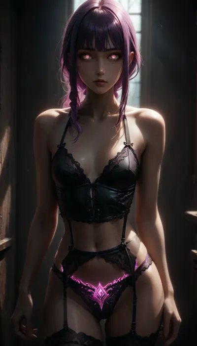 Charming petite girl, (Multicolour bright purple_violet Hairstyle, long hair, glowing hair), (charming eyes, bright glowing pupils:1.1), (flatchest:1.1), reiq mix markgavatino style, masterpiece, 1girls ai_generated 1girls ai_generated artist_name, (8k resolution, ultra-detailed), ((Makima from chainsaw man)), Sexy lingerie with suspenders, lace stockings, glowing lace panties, lace garter belt, lace thigh high, glowing panties, looking at viewer, Rating_explicit, source_cartoon, Pornstar, perfect body, wide hips, oiled skin, sunlight, high contrast, (dramatic lighting:1), multicolored, iridescent, clothing, F41Arm0rXL, <lora:DonMSp3ctr4lXL-000008:2>, <lora:detailed_notrigger:2>, <lora:Holotech:2>, <lora:Fae_Armor_XL-000008:2>, <lora:dark:.8>