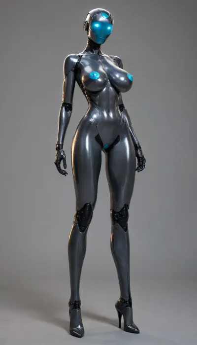 humanoid robot, naked, thick, tall, huge robot breasts, long legs, robot girlfriend, oiled, hyper robot solo, robot legs, heeled, sci fi blue boobs, led face, smileyface on head, face leddisplay, elite battle-robot, robot boobs, cute advanced, streamlined, sexy design, premium quality, full heavy metal, dark blue bi color, neon nipples