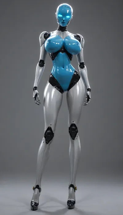 humanoid robot, naked, thick, tall, huge robot breasts, long legs, robot girlfriend, oiled, hyper robot solo, robot legs, heeled, sci fi blue boobs, led face, smileyface on head, face leddisplay, elite battle-robot, robot boobs, cute advanced