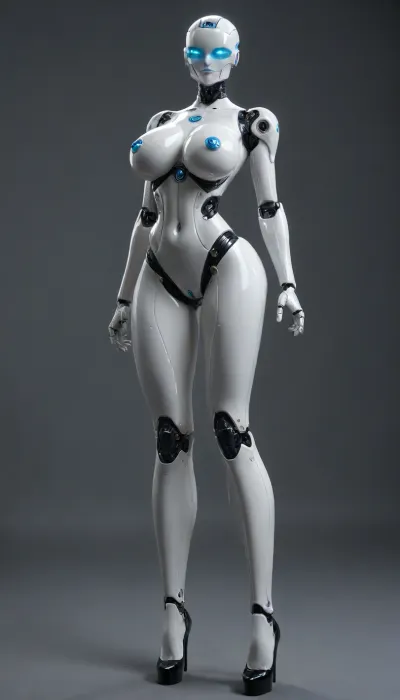 humanoid robot, naked, thick, tall, huge robot breasts, long legs, robot girlfriend, oiled, hyper robot solo, robot legs, heeled, sci fi blue boobs, led face, smileyface on head, face leddisplay, elite battle-robot, robot boobs, cute advanced, streamlined, sexy design, premium quality, one of a kind
