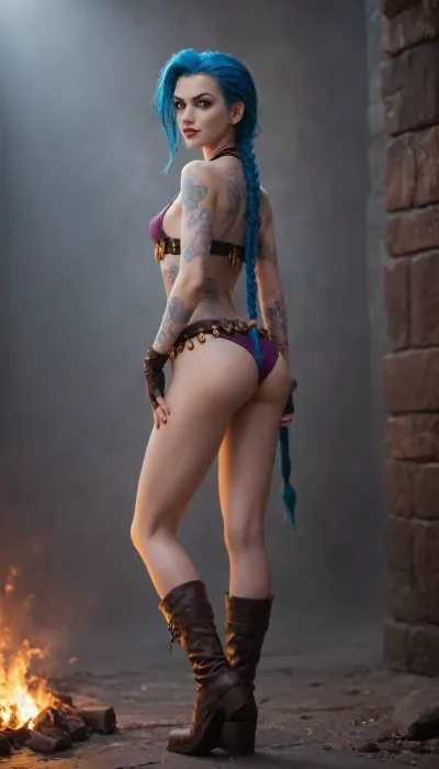 an exotic dancer in a smoky club looks back over her shoulder at some rowdy patrons, <lora:Exotic_Dancer:1>, hhpointedboots, boots, <lora:hhpointedboots:.8>, jinx, (league, of, legends), <lora:MIAOKA_JINX_1.0_SDXL:.8>