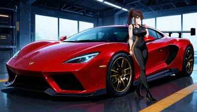 masterpiece quality, studio-quality anime artwork, high-detail anime illustration, anime desire illustrious style, character-focused composition, clean stylized lineart, smooth cel shading with soft gradients, ultra-modern futuristic auto mechanic workshop, high-end professional garage interior, glass-partitioned workshop office, digital diagnostic screens, hydraulic lifts, performance car service bays, luxury sports cars under maintenance including Ferrari, Lamborghini, Porsche, active repair environment, detailed mechanical workspace, technical decor and automotive memorabilia, after-hours mood with dim ambient lighting and warm accent glows, quiet closed-garage atmosphere, lingering sexual tension, (fully clothed:1.4), clothing compliance enforced, person A and person B work together as professional mechanics, person A is confident and feminine, clearly transgender woman, desired and self-assured. person A constantly seduces person B. person B has constant sexual thoughts of desire and lust for person A. sexual Desire hums between boss and employee. After hours the garage is still. Lights low. person B gives into his sexual urges and forbidden sexual desires to be with person A., ((PERSON_A_ANCHOR, person A, Jane, 30yo, fixed identity, extremely beautiful, fair skin, (transgender woman, adult woman, feminine presentation, small male genitalia:1.25), petite, 55kg, 165cm, slim slender athletic build, narrow shoulders and waist, toned tummy, small curved ass, (realistic small penis curved to side:1.1), small testicles, (small silicone breasts, small puffy nipples:1.04), (beautiful supermodel face:1.1), (medium blue eyes:1.19), dark eyeliner, long lashes, (fuller red lips:1.1), (makeup:1.14), (dark black long ponytail:1.19), classic red long manicured nails, (right arm tattoo from wrist to shoulder, single continuous design, crowned lion head with pistons turbos and flames, detailed black ink with smooth shadow work, professional studio tattoo, detailed illustrated linework, ink-on-skin only:1), ((Jane racing suit outfit, worn by person A only, exclusive to person A:1.35), black fitted auto racing suit, one-piece motorsport wear, matte fabric with subtle paneling, zippered front, tailored athletic cut, black ankle-high racing boots with reinforced soles, thin black necklace, gold ring
no helmet, no gloves, no headgear:1.3), (PERSON_B_ANCHOR, person B, Tom, 40yo, (adult man:1.2), 90kg, height 175cm, muscular build with subtle belly, brown eyes, (black short buzz cut hair:1.09), (realistic large thick penis:1.15), fixed identity and appearance, consistent facial structure across generations, ((Tom outfit, worn by person B only, exclusive to person B:1.35), blue mechanic coveralls, black fitted t-shirt, brown Timberland steel-toe boots, no feminine traits:1.25)))), (person A not person B:1.35), (person B not person A:1.35), no identity crossover, NO_BLEED