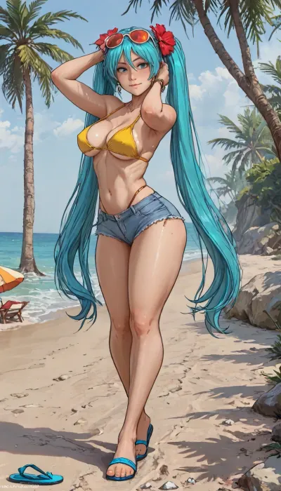 (((Melkor mancin mix markgavatino mix cutesexyrobutts style))), reiq style, masterpiece, (full body in shot), (side view), brazilian_miku, (Hatsune Miku), meaningful smile, (In full growth), on the beach, walking, wide hips, (posing like porno actress:1.5), perfect feet, (long twin tails, aquamarine hair), (dark_brown_skin:1.4), close up, ((tan lines:1)), sweat, (hibiscus in hair, sunglasses on head, cutoff jean shorts, black flip flops), large breasts, (yellow mini bra), gold hoop earrings, eyes don't looking at viewer, Sexually aroused, blushing, thong, thong aside, sexy, camel toe, (intense blushing), pussy_peak, solo, <lora:LCMTurboMix_Euler_A_fix:.6>, <lora:Tsune_XL:1.8>, <lora:EnvyPastelAnimeXL01:1.7>, <lora:AshMilkshake_Illustrious_v1:1.8>, <lora:EnvyZoomSliderXL01:1.5>