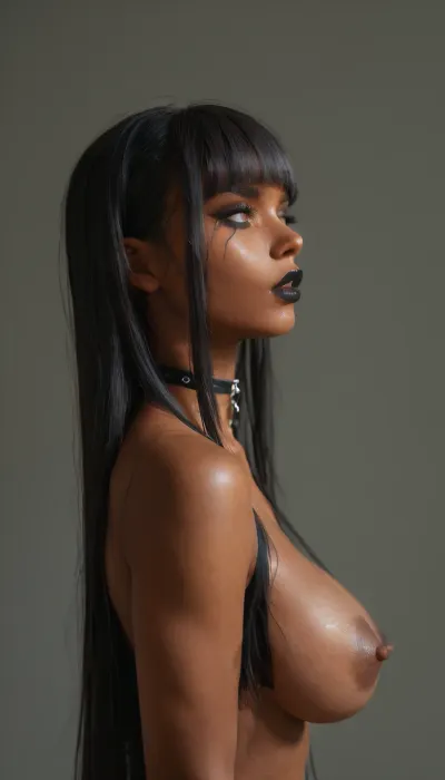 score_9, score_8_up, score_7_up, score_6_up, 1girl, (dark skin:2), large areola, goth makeup, black lipstick, ((very long black hair, fringe)), choker, giant tits, side view, half body, detailxl, 4ng3l, face, <lora:MJ52:.8>, <lora:attractive_notrigger:.8>, <lora:SDXL_BetterFaces-LoRA_v1:.8>