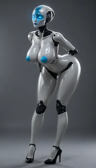 humanoid robot, naked, thick, tall, huge robot breasts, long legs, robot girlfriend, oiled, hyper robot solo, robot legs, heeled, sci fi blue boobs, led face, smileyface on head, face leddisplay, elite battle-robot, robot boobs, cute advanced, streamlined, sexy design, premium quality, full heavy metal, dark blue bi color, neon nipples, dangling robot breasts, bent over