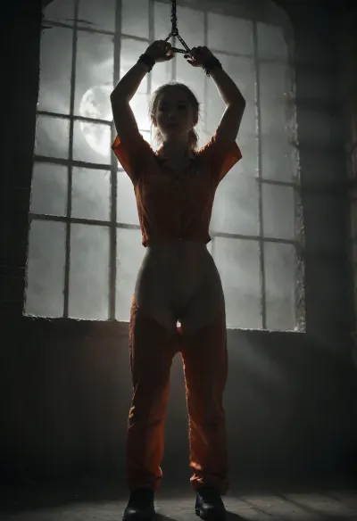 blonde slender flat-chested woman, 26 years, female prison inmate, (wears orange prisoner clothing:1.6), pants are pulled down, vertical suspension bondage, arms tied above head to bars, centre of prison cell, murky lighting, night, moon through prison barred window, side angle, full view, three-point perspective, (pussy touched from behind by a male policeman in uniform:1.6), cloudy, smoke, atmospheric, clouds, fog, sunlight_str1, Black, and, white, art, black, shading, charcoal, toned, brutal, dark, b/w, color, scheme, <lora:dark:.1>, <lora:Cloudy_Style:.7>, <lora:sunlight_str1-SDXL_v1-dim64-steps1691:1.1>, <lora:Black and white art.V1:.4>
