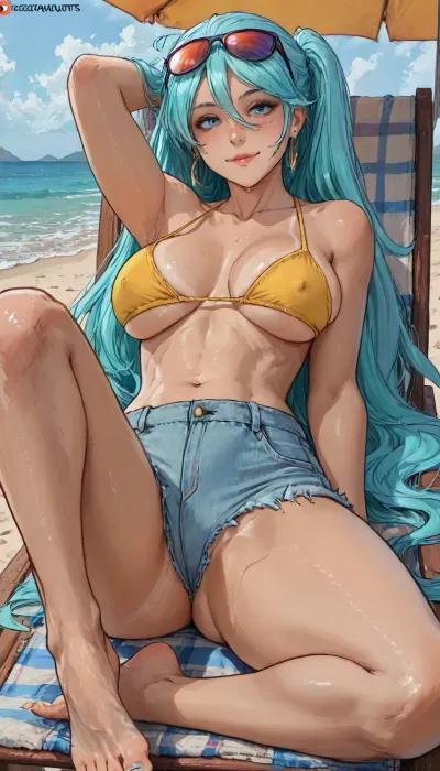 (((Melkor mancin mix markgavatino mix cutesexyrobutts style))), reiq style, masterpiece, (full body in shot), brazilian_miku, (Hatsune Miku), meaningful smile, (In full growth), on the beach, she is sunbathing, laying on lounge chair, wide hips, (posing like porno actress:1.5), perfect feet, (long twin tails, (((aquamarine hair:1.6)))), (dark_brown_skin:1.4), close up, ((tan lines:1)), sweat, (hibiscus in hair, sunglasses on head, cutoff jean shorts), large breasts, (yellow mini bra), gold hoop earrings, eyes don't looking at viewer, Sexually aroused, blushing, thong, thong aside, sexy, camel toe, (intense blushing), steam, solo, <lora:LCMTurboMix_Euler_A_fix:.6>, <lora:Tsune_XL:1.8>, <lora:EnvyPastelAnimeXL01:1.7>, <lora:AshMilkshake_Illustrious_v1:1.8>, <lora:EnvyZoomSliderXL01:1.5>