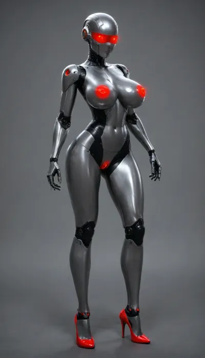 humanoid robot, naked, thick, tall, huge robot breasts, long legs, robot girlfriend, oiled, hyper robot solo, robot legs, heeled, sci fi boobs, led face, smileyface on head, face leddisplay, elite battle-robot, robot boobs, cute advanced, streamlined, sexy design, premium quality, full heavy metal, dark color, neon nipples, red neon robot breasts, premium beskar material body, neon face, red eyes, knee bent up, neon vagina, dark blue