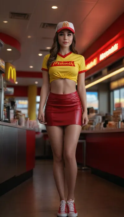 (In a futuristic McDonald’s drive-thru:1.4), (a 25 years old female employee bents forward behind the counter:1.3), (detailed rendered face:1.3), (viewed from below in a full-body perspective:1.3), (white G-String:1.4), (she wears a red McDonald’s cap and a maximum slutty and futuristic yellow and red McDonald’s uniform made of leather:1.3), incorporating the iconic red and yellow colors, with a modern, sexy twist, (her form-fitting mini skirt tied around her hips like a loincloth:1.2), elegant high heels, and net stockings, her crop top is belly-free, showcasing her midriff, and she wears the classic McDonald’s cap, the background shows a bustling, neon-lit futuristic city with flying cars visible through large windows, the scene is slightly blurred in the background, emphasizing the employee, she hands over burgers with a confident, futuristic grace, the ambiance is vibrant with neon signs and the futuristic atmosphere, and the entire scene is rendered in high detail, focusing on her flawless appearance, perfect skin, and intricate clothing details, (maximum detail:1.5), (UHD 8K quality:1.5), (maximum detail), (super realistic photo:1.4), the entire scene is rendered in high detail, <lora:photorealistic_portrait_notrigger:.8>