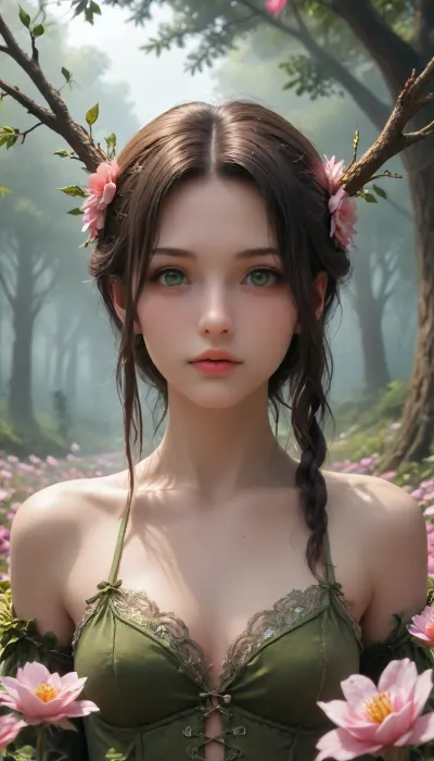 Nude, dark fantasy, beautiful dryad, female silhouette made of tree branches, covered in white and pink flowers, large, beautiful bright green eyes, neon green threads entwining the dryad's entire body, against the backdrop of an extinct valley covered in ash, the dryad walking through the valley, reviving it, mysticism, metamorphosis, professional filming, dark, fantasy, <lora:xl_more_art-full_v1:1>, <lora:dark_fantasy_art:1.4>
