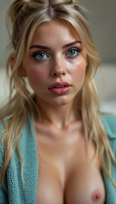 UHD 8K, extreme realism, maximum detail, (elegant glamur luxury model:1.3), ((super sexy)), European, (swede girl:1.5), aristocratic facial features, ((cute face:1.5)), ((perfect eyes)), nude, spread_legs, small perky breasts, cyan sweater, bottomless, on couch, (light blondie hair, long hair, messy hair ponytail, slim), colored socks, parted_lips, looking_at_viewer, realistic, sweat, lips, sexy, wet skin after shower, (wet:1.1), high quality, <lora:BUT_SDXL_SHS:1>, <lora:style_lora_realis:2>, <lora:SDXLHighDetail_v6-000005:2>, <lora:detailer-xl:2>