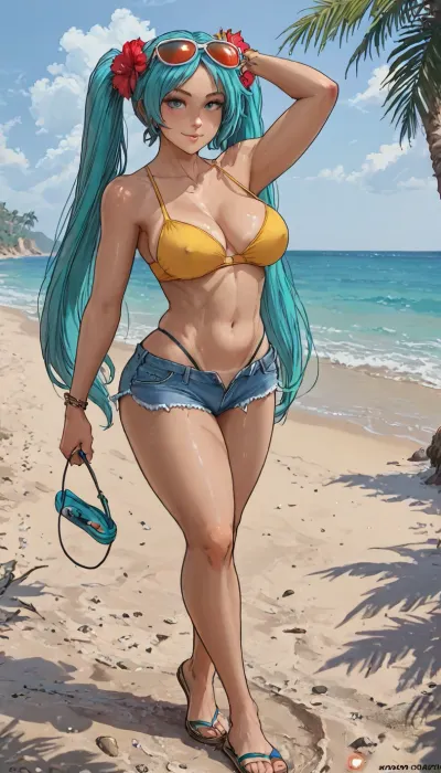 (((Melkor mancin mix markgavatino mix cutesexyrobutts style))), reiq style, masterpiece, (full body in shot), brazilian_miku, (Hatsune Miku), meaningful smile, (In full growth), on the beach, walking, wide hips, (posing like porno actress:1.5), perfect feet, (long blue-green twin tails), (dark_brown_skin:1.4), close up, ((tan lines:1)), sweat, (hibiscus in hair, sunglasses on head, cutoff jean shorts, black flip flops), large breasts, (yellow mini bra), gold hoop earrings, eyes don't looking at viewer, Sexually aroused, blushing, thong, thong aside, sexy, camel toe, (intense blushing), pussy_peak, solo, <lora:LCMTurboMix_Euler_A_fix:.6>, <lora:Tsune_XL:1.8>, <lora:EnvyPastelAnimeXL01:1.7>, <lora:AshMilkshake_Illustrious_v1:1.8>, <lora:EnvyZoomSliderXL01:1.5>